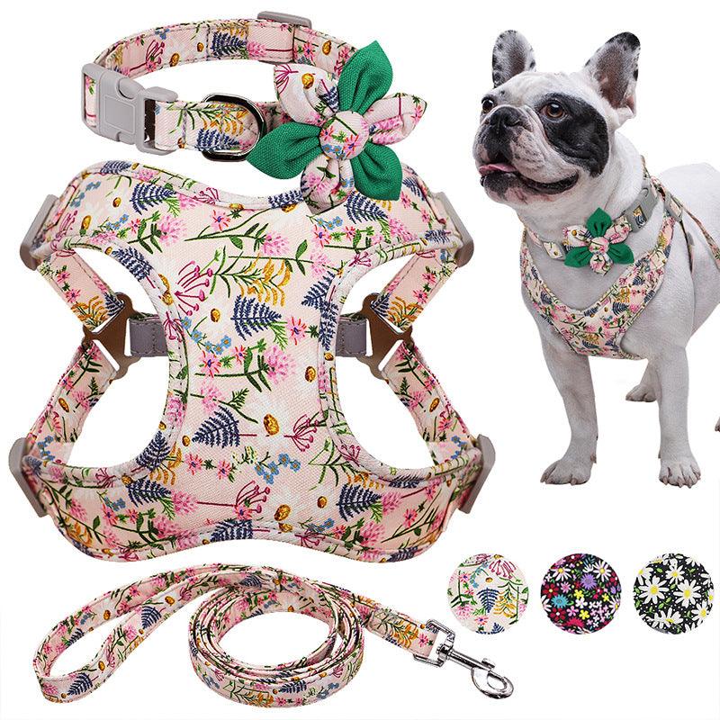 Floral Print Dog Collar, Harness & Leash Set