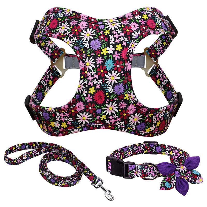 Floral Print Dog Collar, Harness & Leash Set